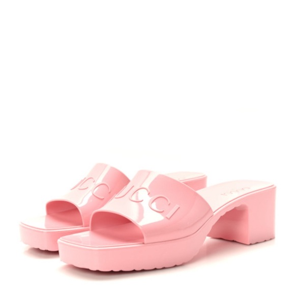 Rubber Gucci Logo Womens Platform 20/60mm Slide Sandals 38 Wild Rose - Picture 2 of 2
